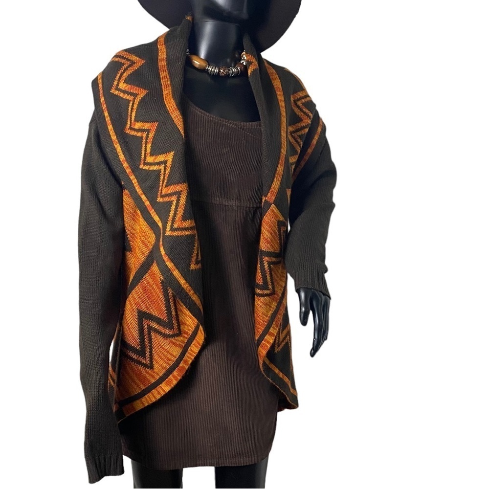 Allison Brittney Long Sleeve Shawl Collar Cardigan Sweater Brown Orange Sz M